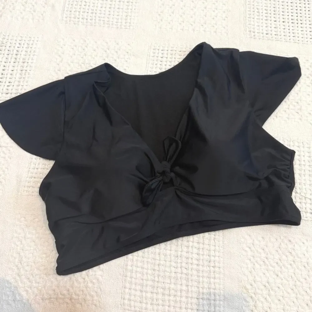 Torrid 3 wireless flutter sleeve faux tie keyhole swim top SW 2820 - Picture 7 of 10